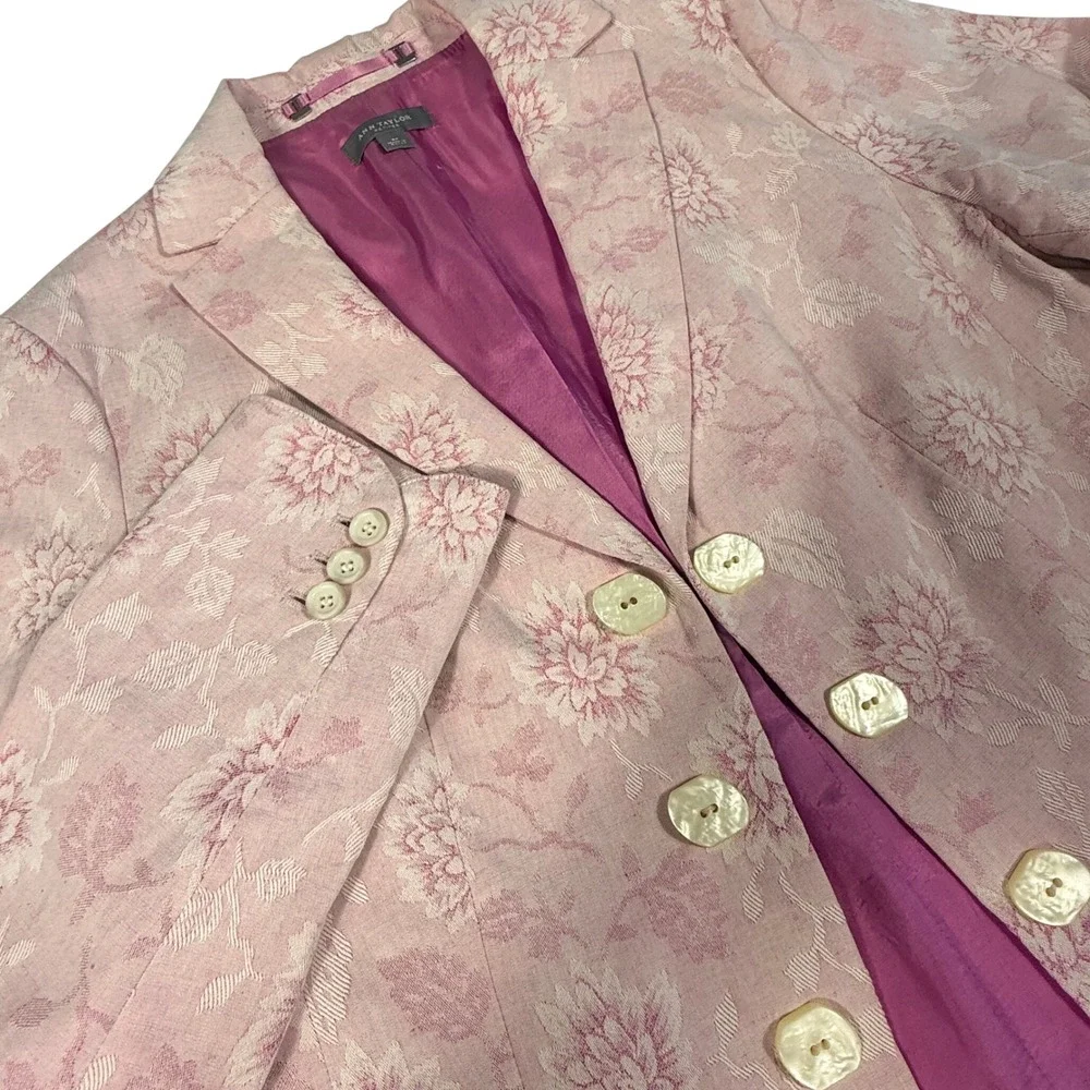 Ann Taylor Petites‎ 8P Pink Floral Jacquard Brocade Linen blend Blazer Easter